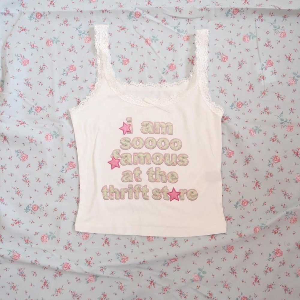 i am so famous at the thrift store cami lace trim baby tee y2k - Picture 3 of 4